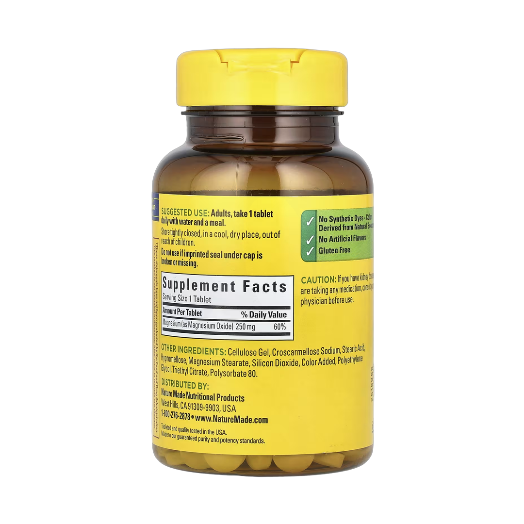 Nature Made, Magnesium, 250 mg, 200 Tablets back packaging view