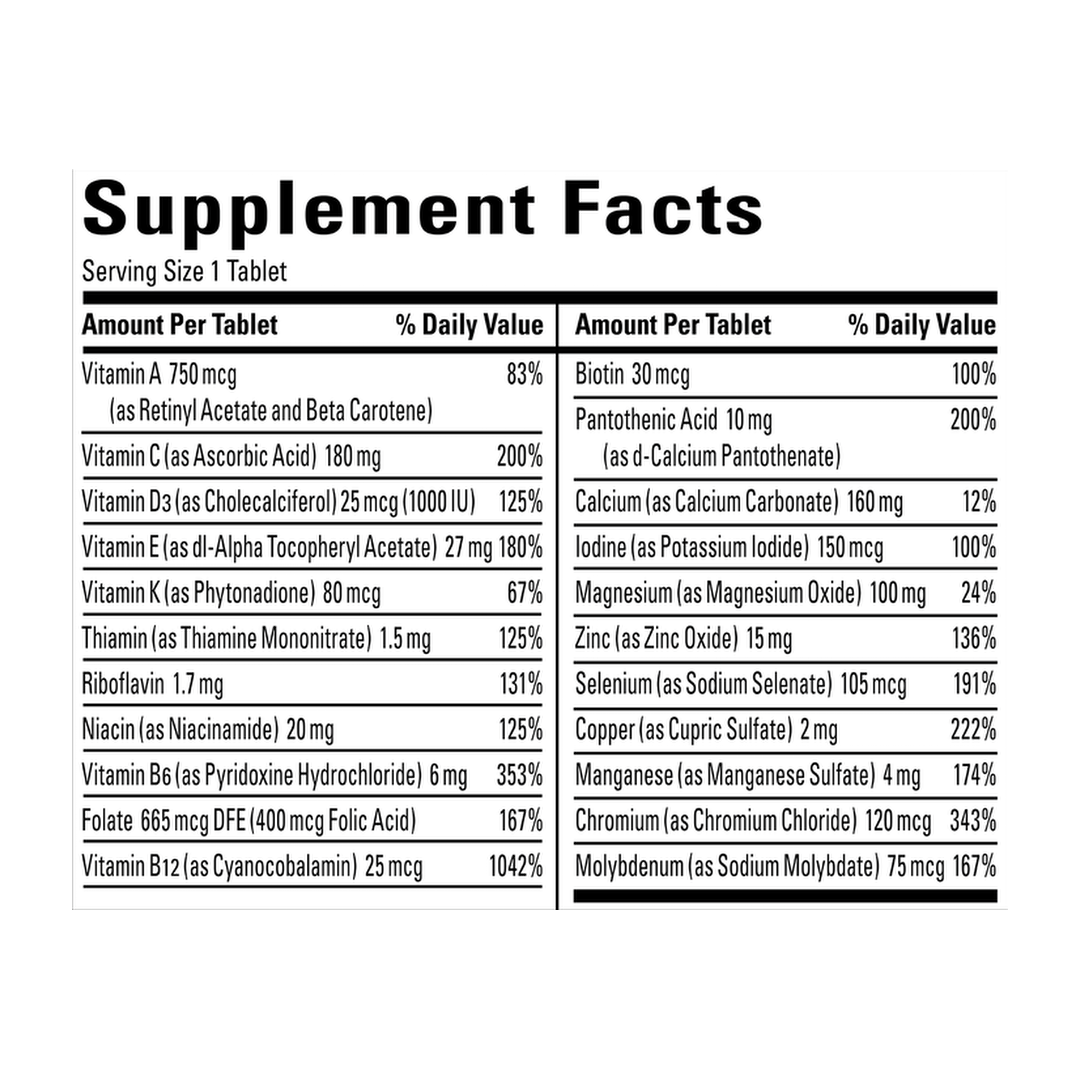 Nature Made, Multi For Him 50+, 90 Tablets supplement facts label showing ingredients, vitamins, minerals, and serving information