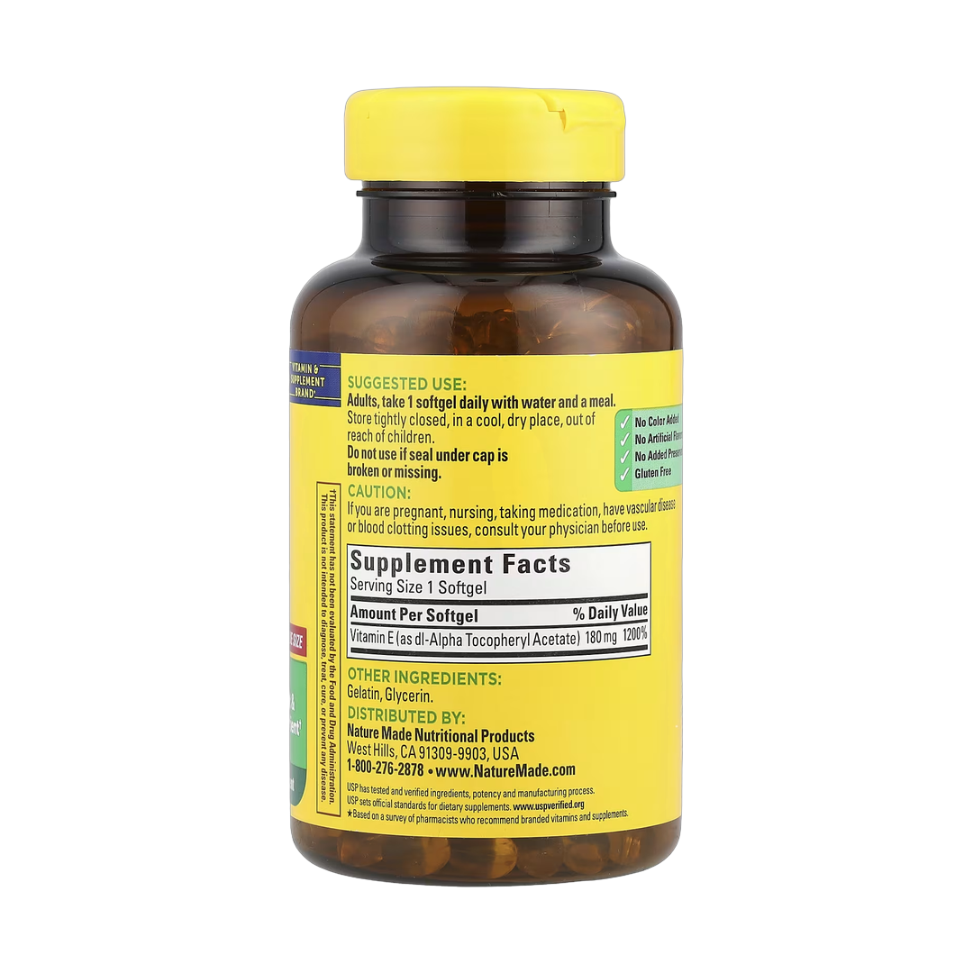 Nature Made, Vitamin E , 180 mg (400 IU), 300 Softgels back packaging view