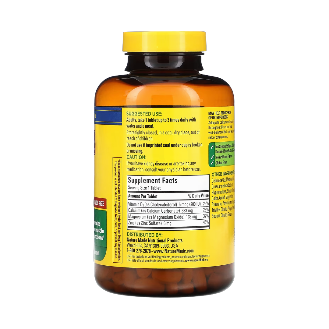 Nature Made, Calcium Magnesium Zinc with Vitamin D3, 300 Tablets back packaging view