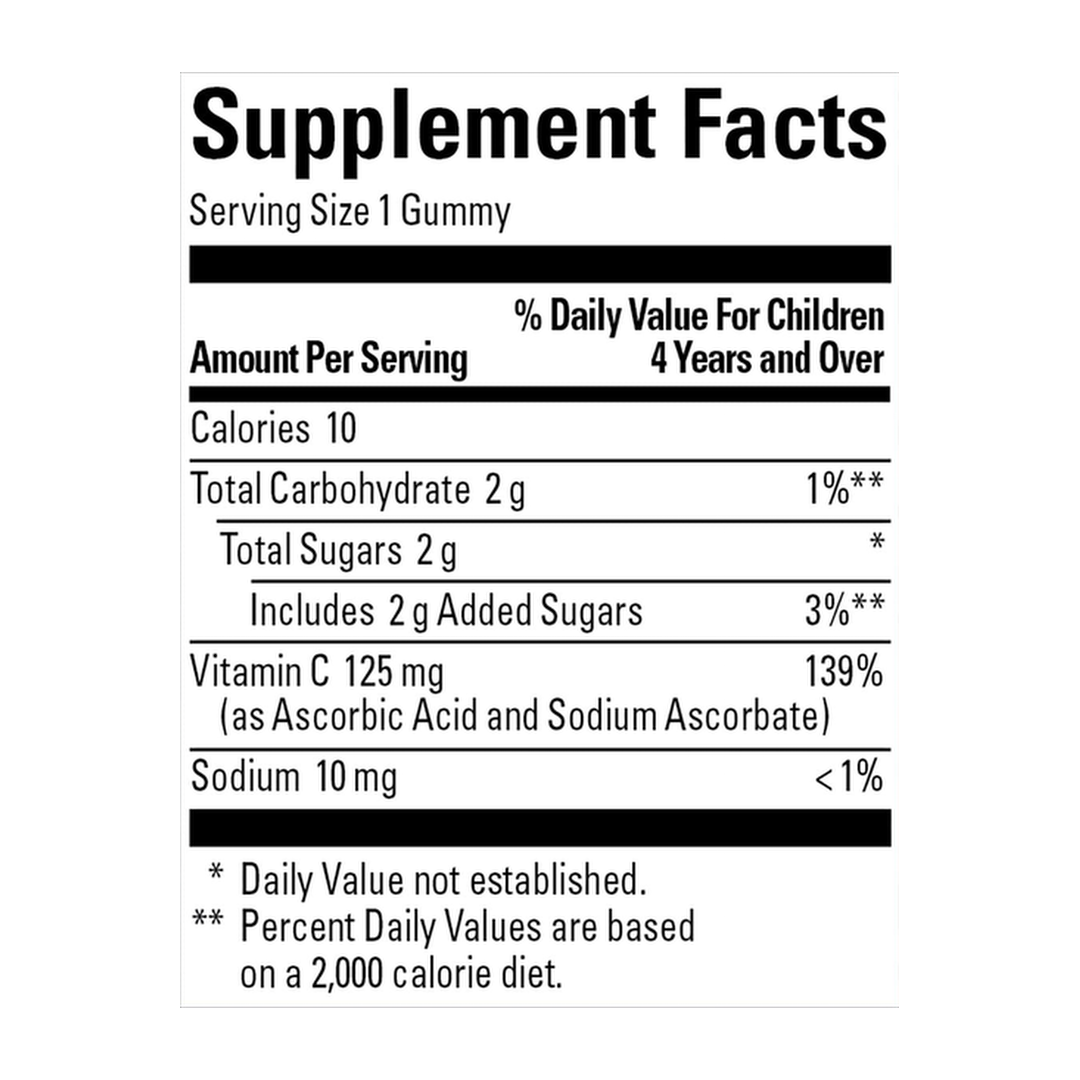 Nature Made, Kids First Vitamin C Gummies for Kids, 110 Gummies supplement facts label showing ingredients, vitamins, minerals, and serving information