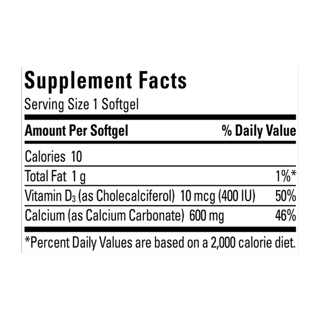 Nature Made, Calcium with Vitamin D3, 600 mg, 100 Softgels supplement facts label showing ingredients, vitamins, minerals, and serving information