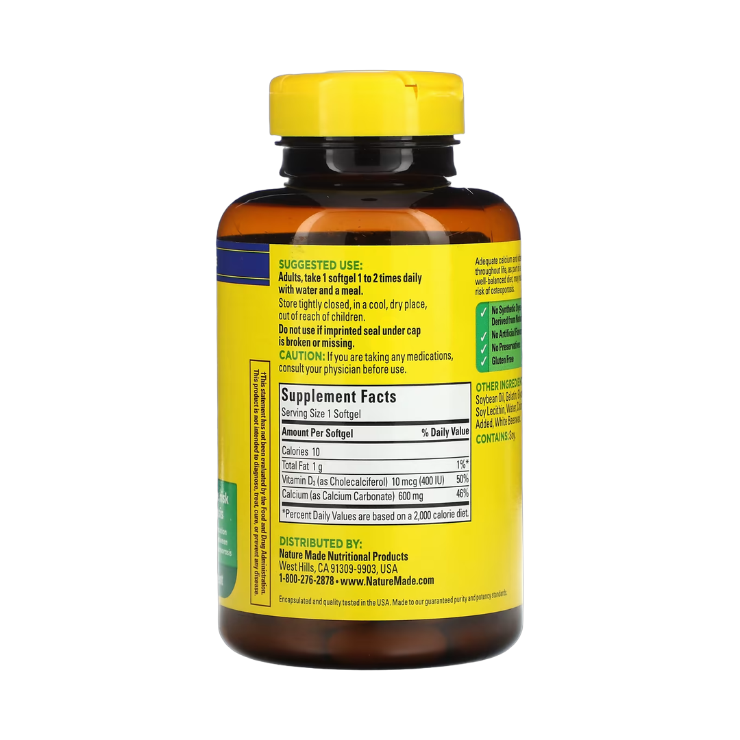 Nature Made, Calcium with Vitamin D3, 600 mg, 100 Softgels back packaging view