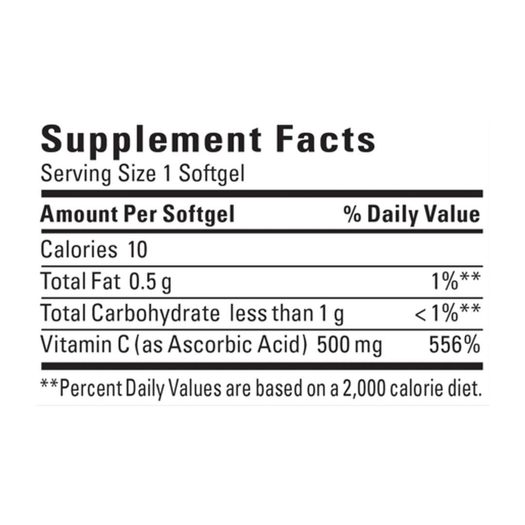 Nature Made, Vitamin C, 500 mg, 60 Softgels supplement facts label showing ingredients, vitamins, minerals, and serving information