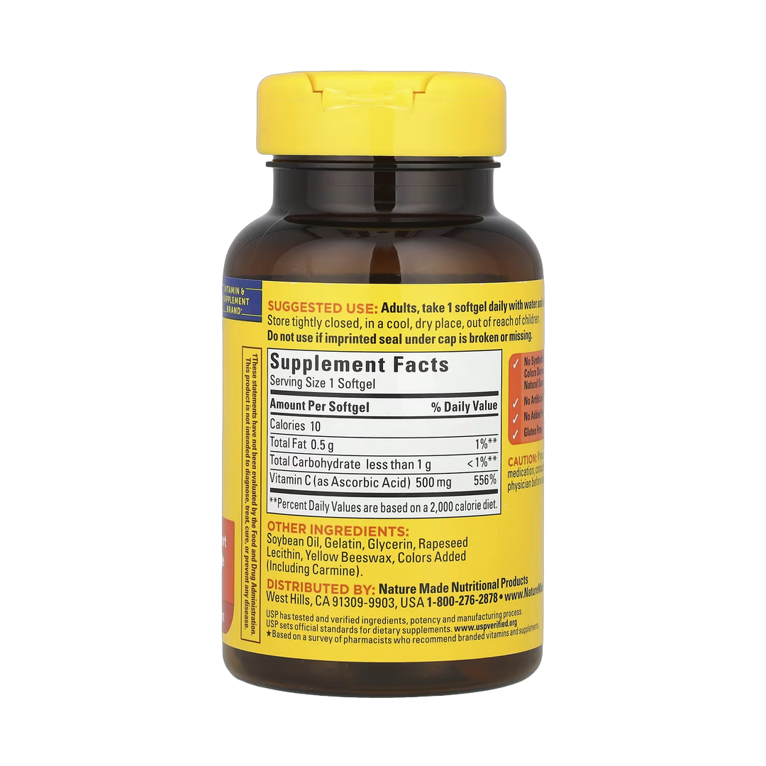 Nature Made, Vitamin C, 500 mg, 60 Softgels back packaging view