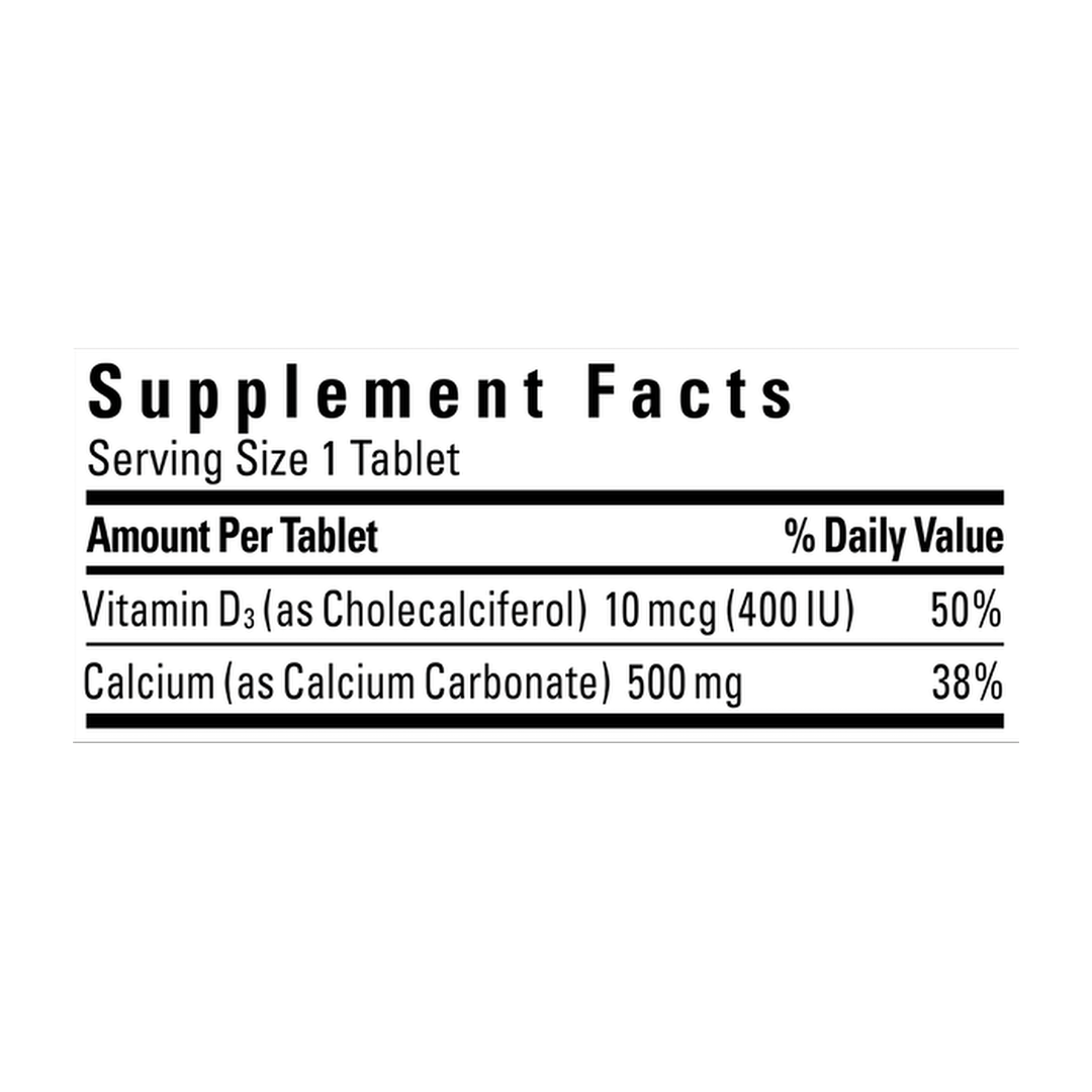 Nature Made, Calcium with D3, 130 Tablets supplement facts label showing ingredients, vitamins, minerals, and serving information