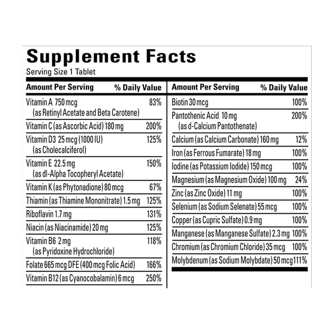 Nature Made, Multi with Iron, 130 Tablets supplement facts label showing ingredients, vitamins, minerals, and serving information