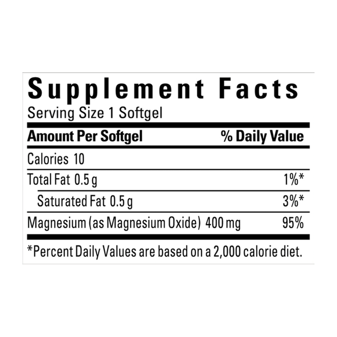 Nature Made, Magnesium, 400 mg, 60 Softgels supplement facts label showing ingredients, vitamins, minerals, and serving information