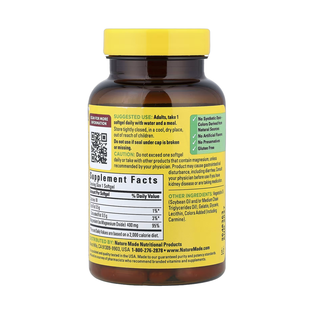 Nature Made, Magnesium, 400 mg, 60 Softgels back packaging view