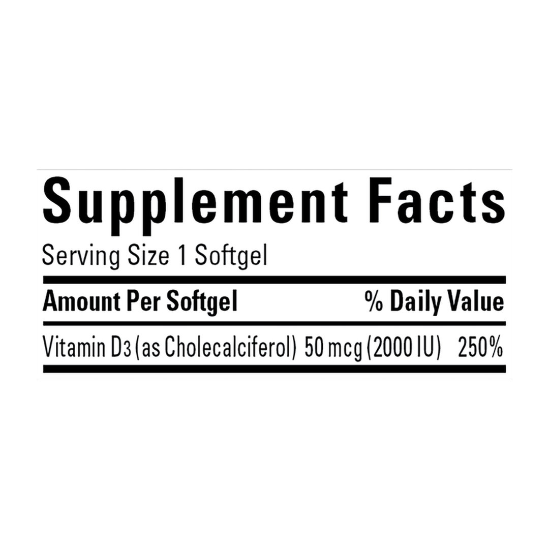 Nature Made, Vitamin D3, 50 mcg (2,000 IU), 90 Softgels supplement facts label showing ingredients, vitamins, minerals, and serving information