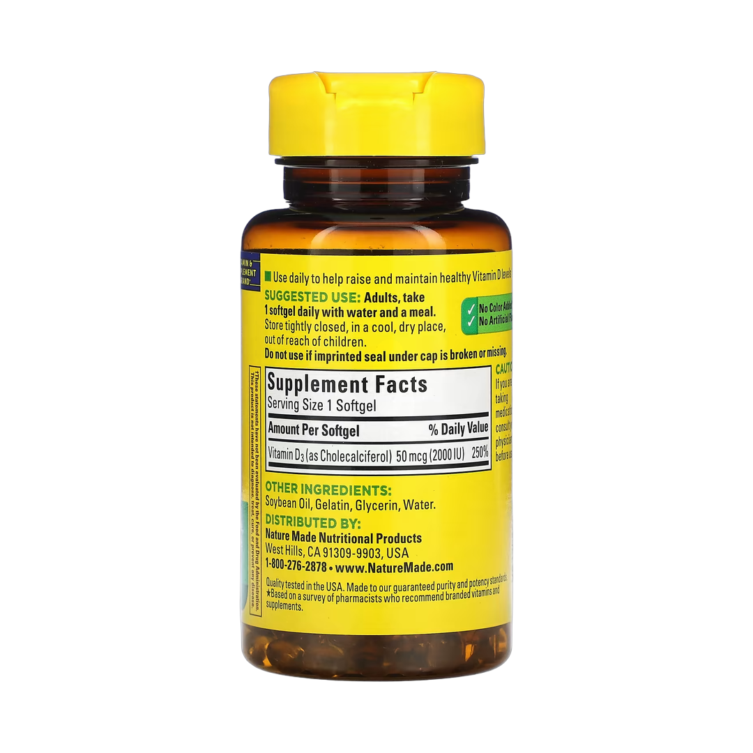 Nature Made, Vitamin D3, 50 mcg (2,000 IU), 90 Softgels back packaging view
