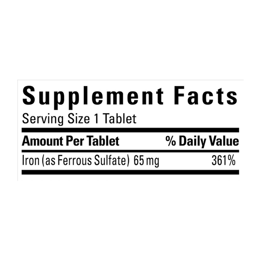 Nature Made, Iron, 65 mg, 180 Tablets supplement facts label showing ingredients, vitamins, minerals, and serving information