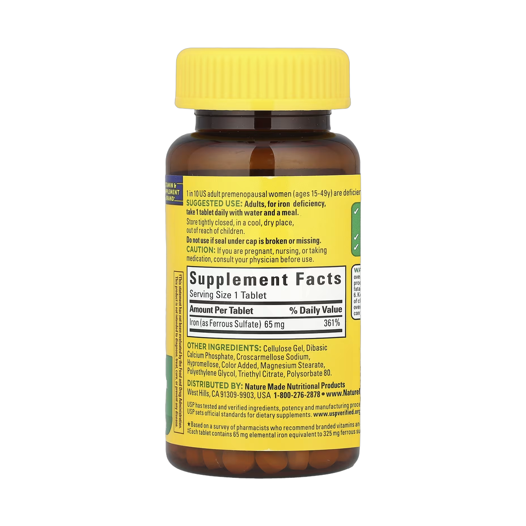 Nature Made, Iron, 65 mg, 180 Tablets back packaging view