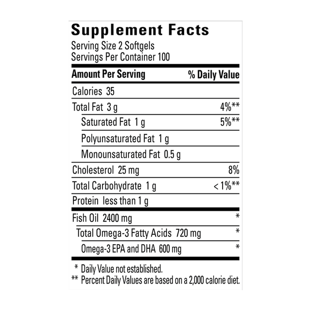 Nature Made, Fish Oil, Burp-Less, 1,200 mg, 200 Softgels supplement facts label showing ingredients, vitamins, minerals, and serving information