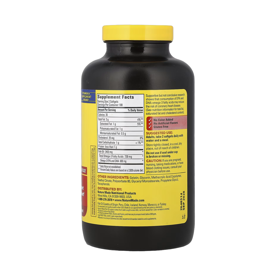 Nature Made, Fish Oil, Burp-Less, 1,200 mg, 200 Softgels back packaging view