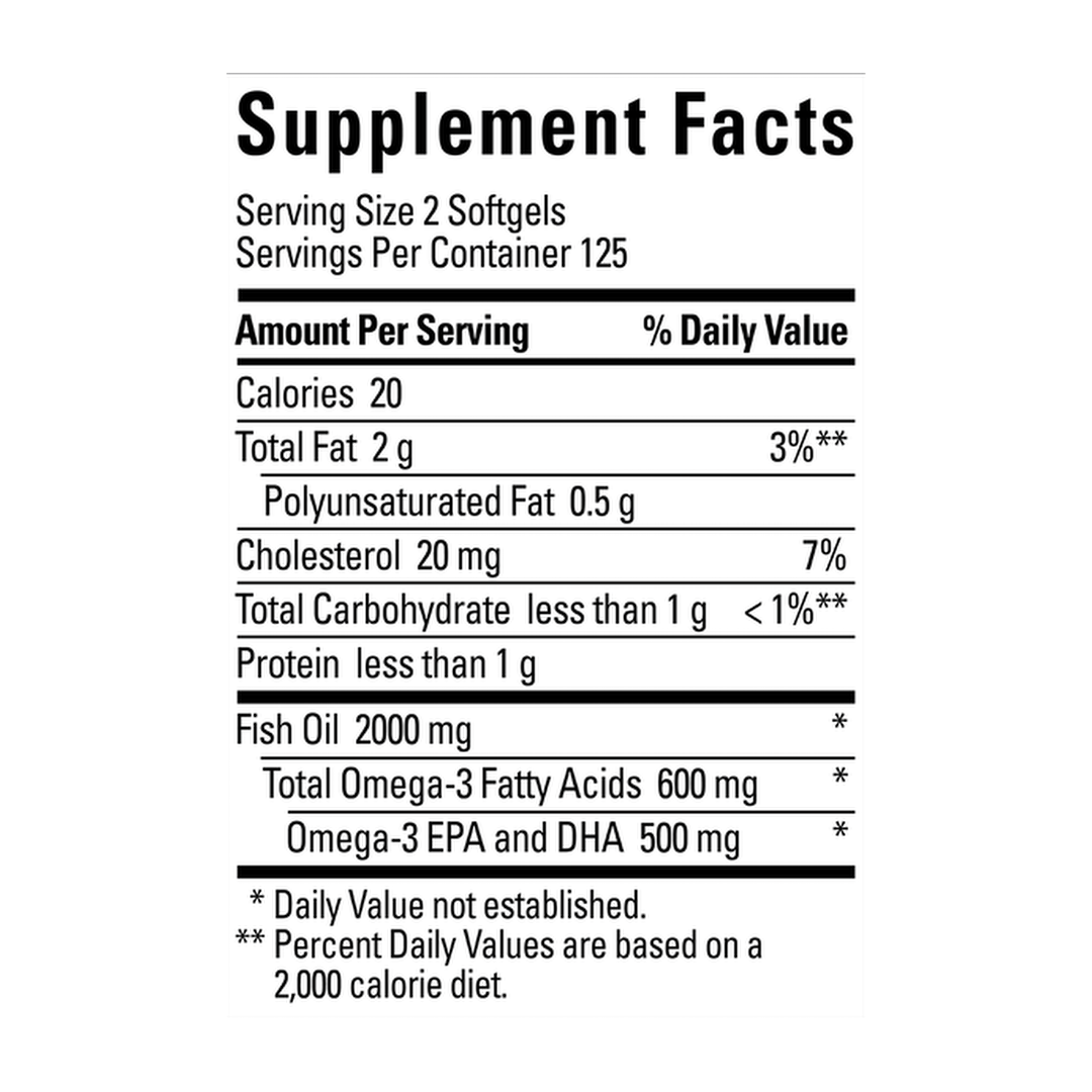 Nature Made, Fish Oil, 1,000 mg, 250 Softgels supplement facts label showing ingredients, vitamins, minerals, and serving information