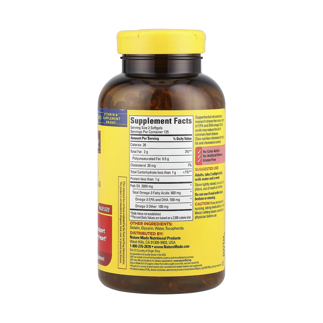 Nature Made, Fish Oil, 1,000 mg, 250 Softgels back packaging view