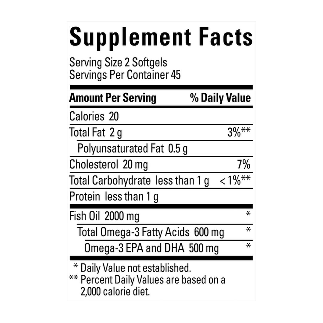 Nature Made, Fish Oil, 1,000 mg, 90 Softgels supplement facts label showing ingredients, vitamins, minerals, and serving information