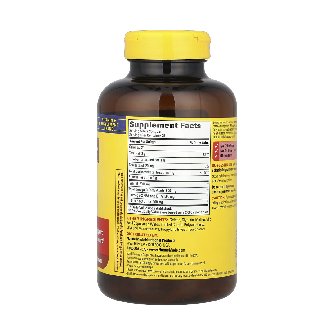 Nature Made, Fish Oil, Burp-Less, 1,000 mg, 150 Softgels back packaging view