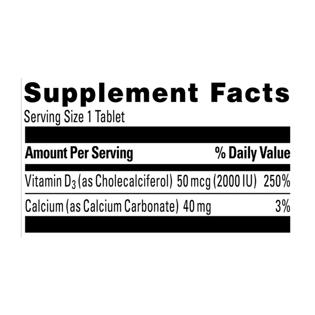 Nature Made, Vitamin D3, 50 mcg (2000 IU), 100 Tablets supplement facts label showing ingredients, vitamins, minerals, and serving information