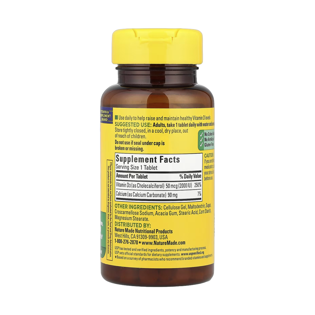Nature Made, Vitamin D3, 50 mcg (2000 IU), 100 Tablets back packaging view