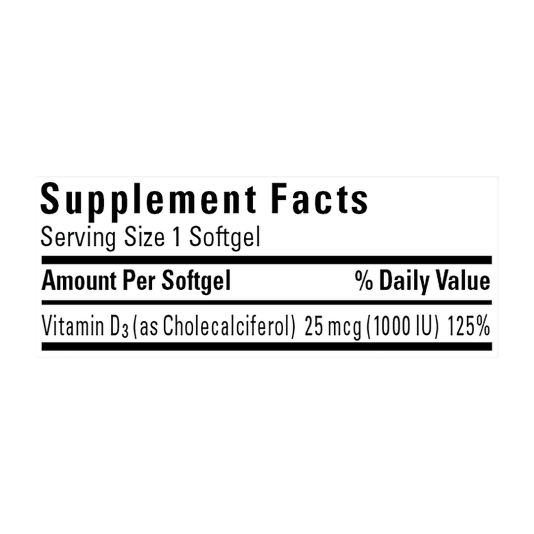 Nature Made, Vitamin D3, 25 mcg (1,000 IU), 100 Softgels supplement facts label showing ingredients, vitamins, minerals, and serving information