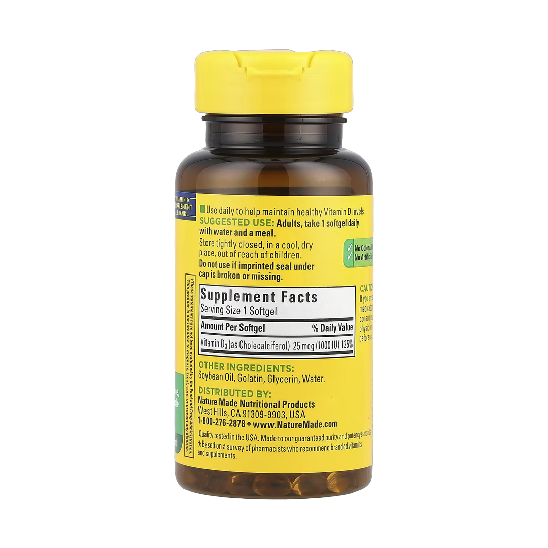 Nature Made, Vitamin D3, 25 mcg (1,000 IU), 100 Softgels back packaging view