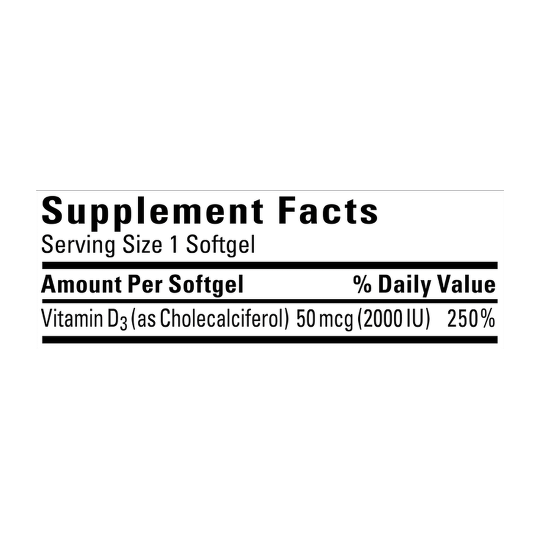 Nature Made, Vitamin D3, 50 mcg (2,000 IU), 250 Softgels supplement facts label showing ingredients, vitamins, minerals, and serving information