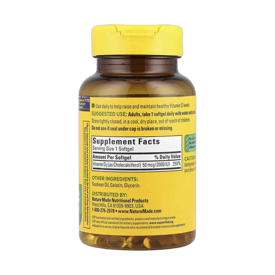 Nature Made, Vitamin D3, 50 mcg (2,000 IU), 250 Softgels back packaging view