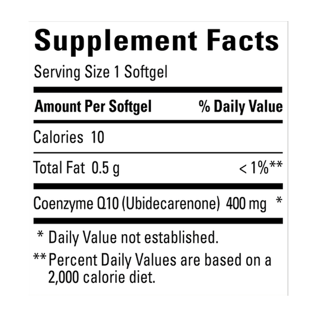 Nature Made, CoQ10, 400 mg, 40 Softgels supplement facts label showing ingredients, vitamins, minerals, and serving information