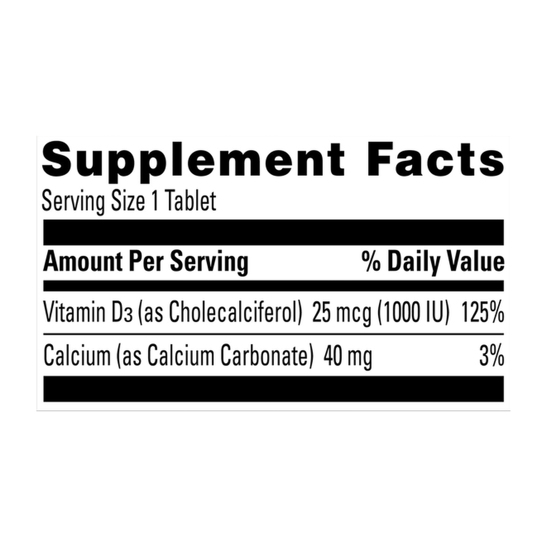Nature Made, Vitamin D3, 25 mcg (1000 IU), 300 Tablets supplement facts label showing ingredients, vitamins, minerals, and serving information