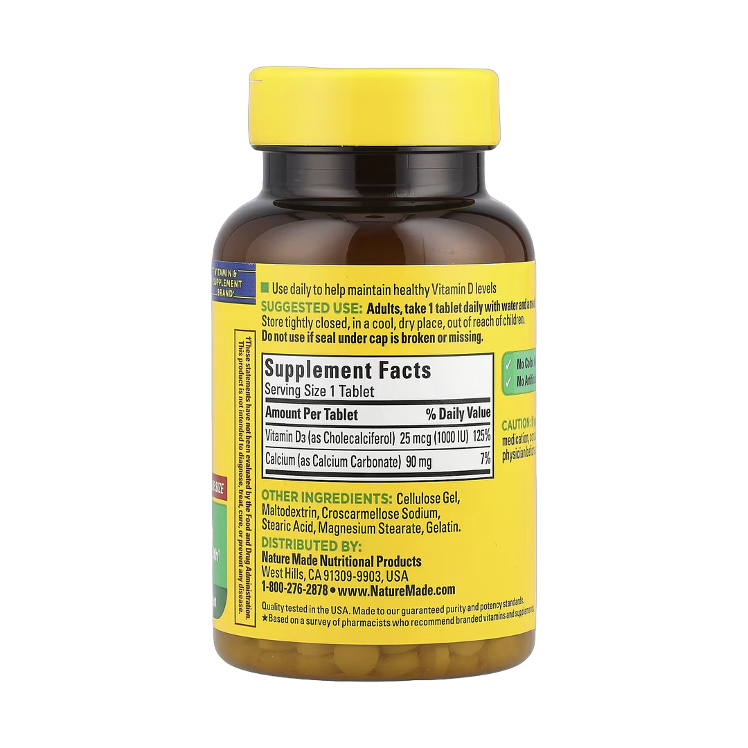 Nature Made, Vitamin D3, 25 mcg (1000 IU), 300 Tablets back packaging view