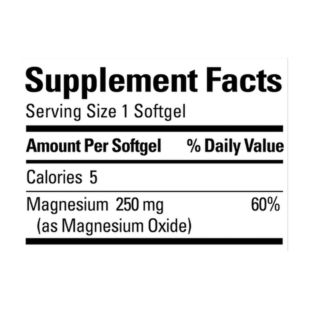 Nature Made, Magnesium, 250 mg, 90 Softgels supplement facts label showing ingredients, vitamins, minerals, and serving information