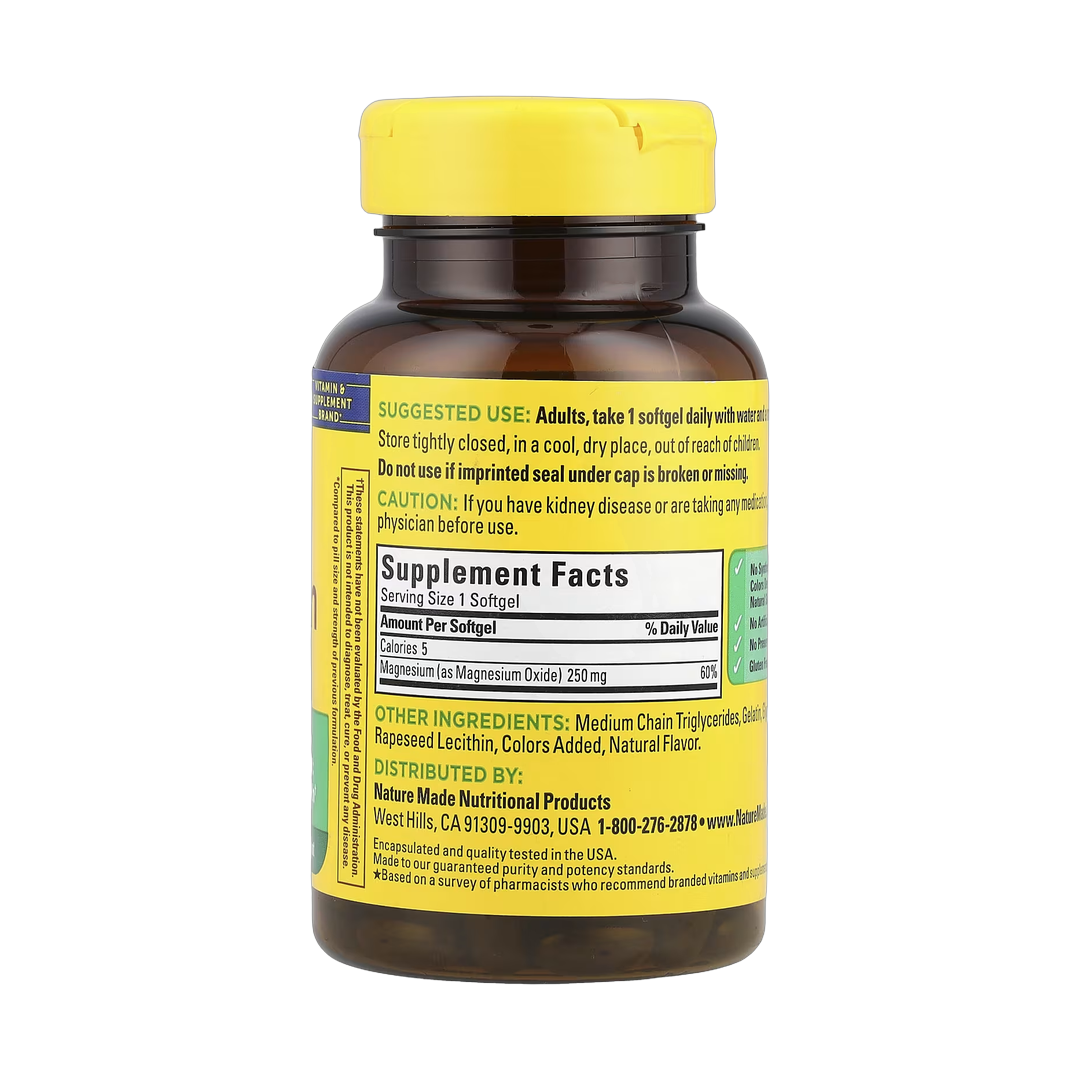 Nature Made, Magnesium, 250 mg, 90 Softgels back packaging view