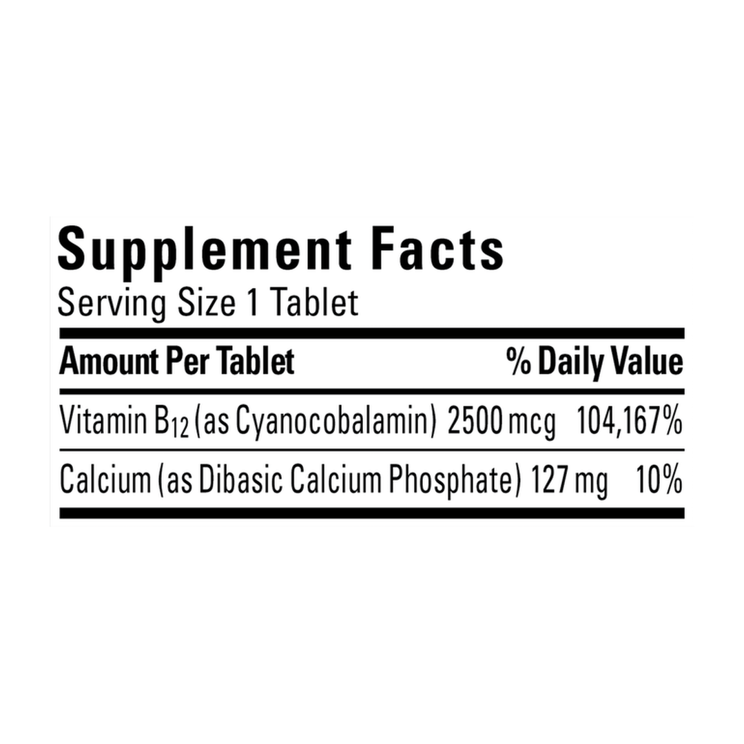 Nature Made, Vitamin B12, 2500 mcg, 60 Tablets supplement facts label showing ingredients, vitamins, minerals, and serving information