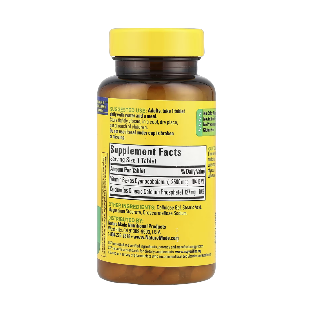 Nature Made, Vitamin B12, 2500 mcg, 60 Tablets back packaging view