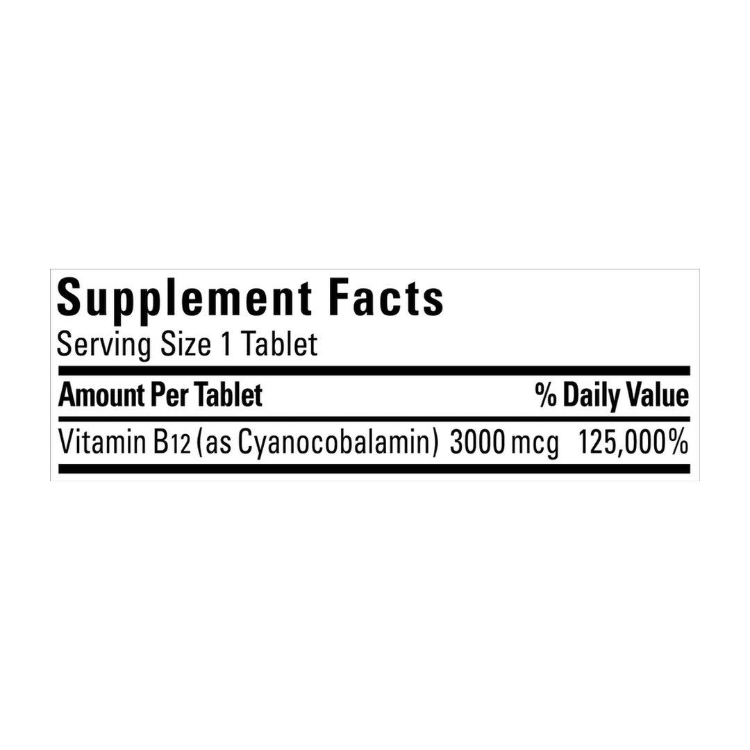Nature Made, Vitamin B12, Fast Dissolve, Cherry, 3,000 mcg, 40 Tablets supplement facts label showing ingredients, vitamins, minerals, and serving information