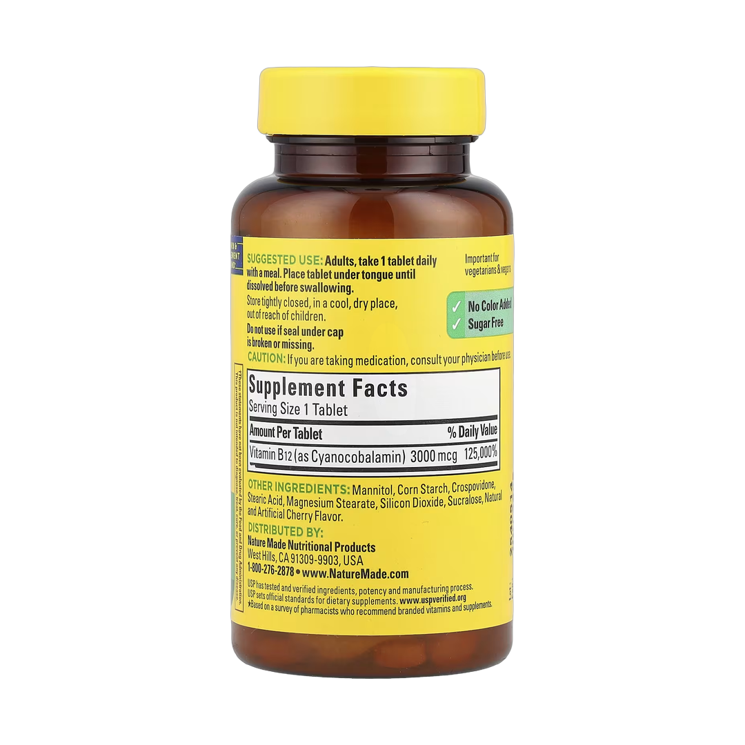 Nature Made, Vitamin B12, Fast Dissolve, Cherry, 3,000 mcg, 40 Tablets back packaging view