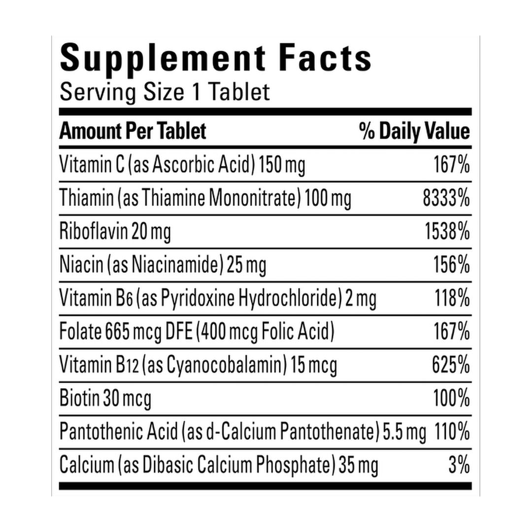 Nature Made, Super B-Complex with Vitamin C, 140 Tablets supplement facts label showing ingredients, vitamins, minerals, and serving information