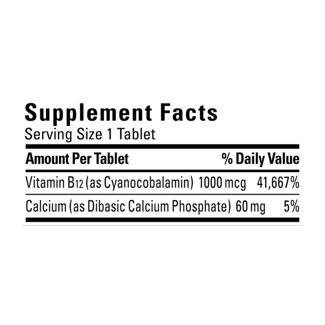 Nature Made, B12, Time Release, 1,000 mcg, 160 Tablets supplement facts label showing ingredients, vitamins, minerals, and serving information