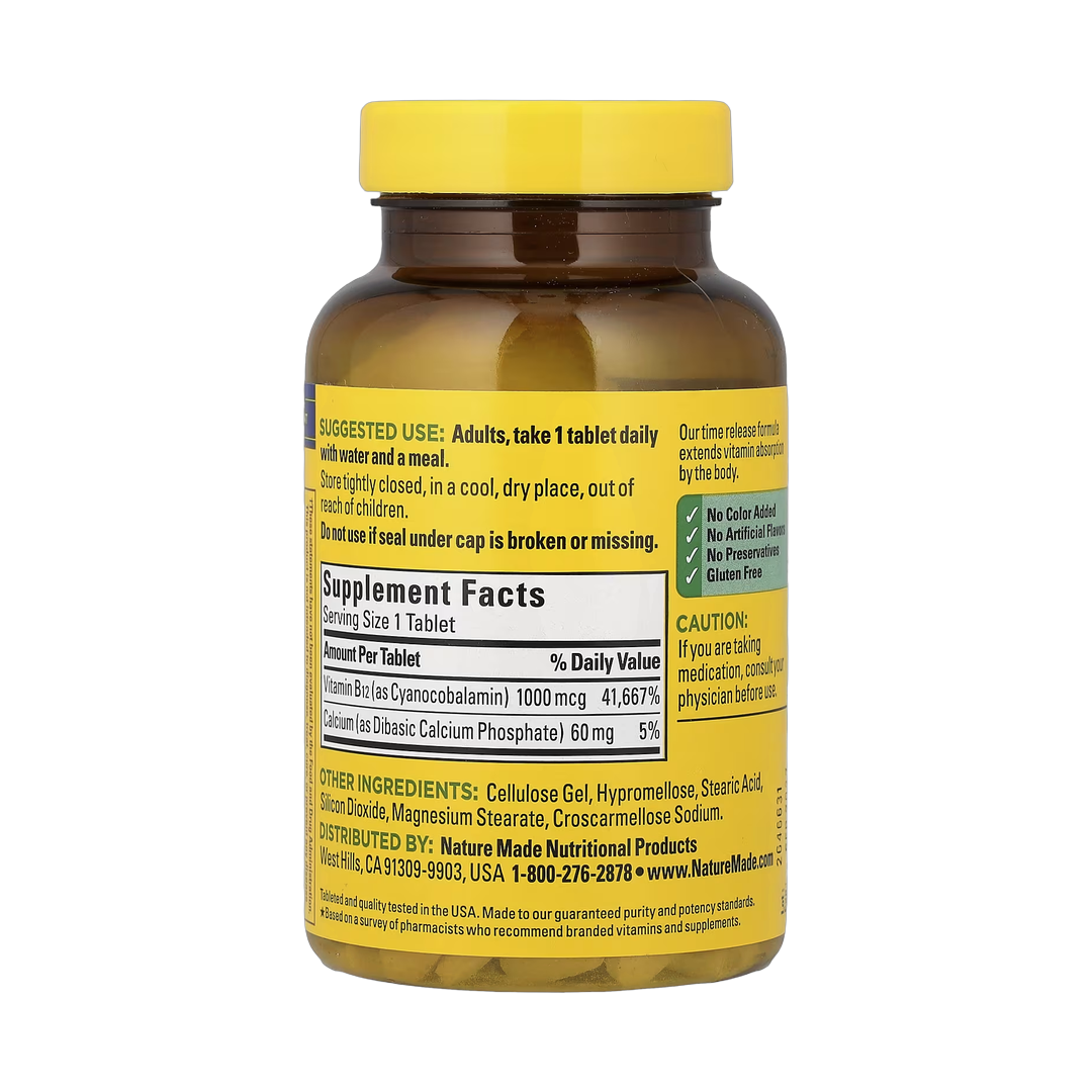 Nature Made, B12, Time Release, 1,000 mcg, 160 Tablets back packaging view