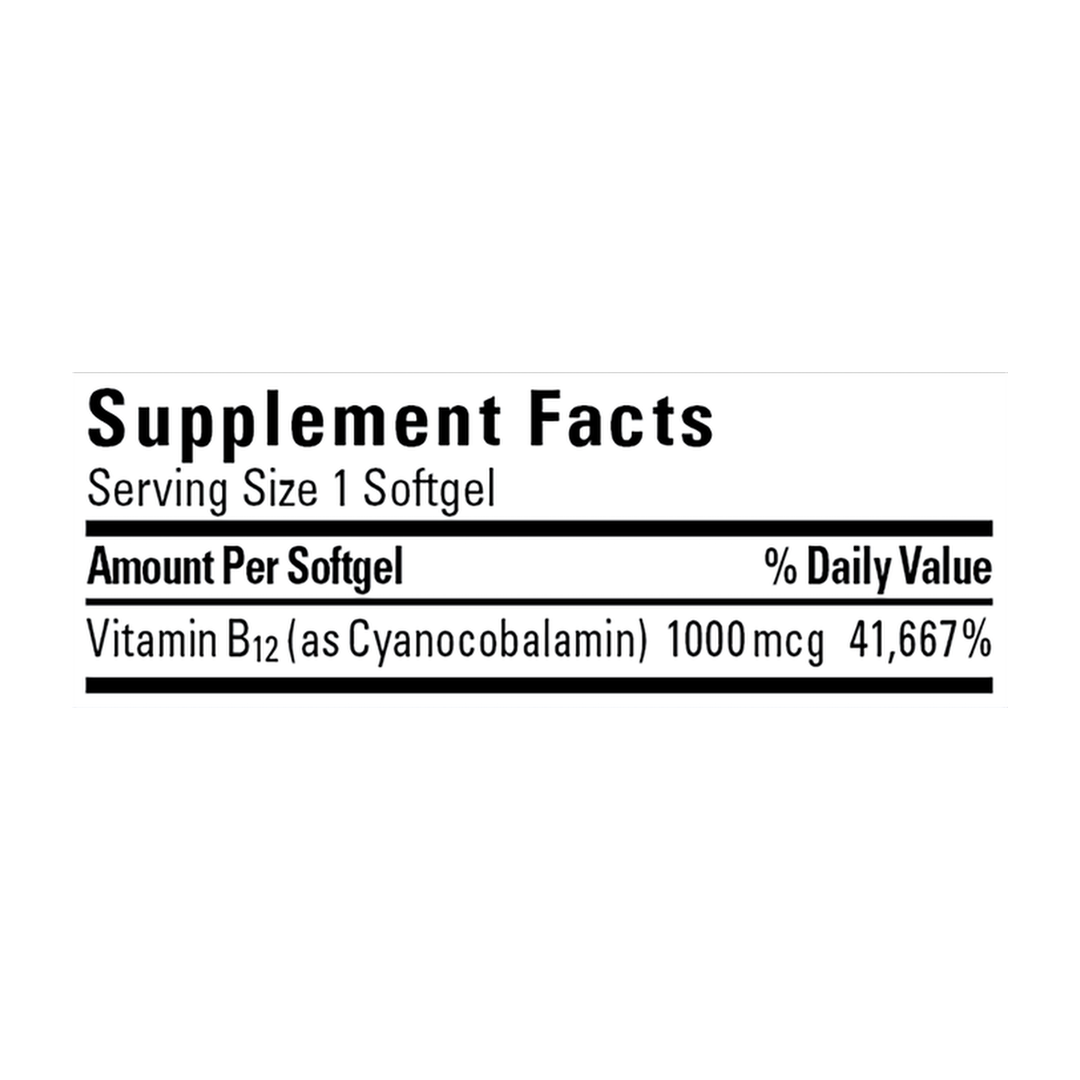 Nature Made, Vitamin B12, 1,000 mcg, 90 Softgels supplement facts label showing ingredients, vitamins, minerals, and serving information