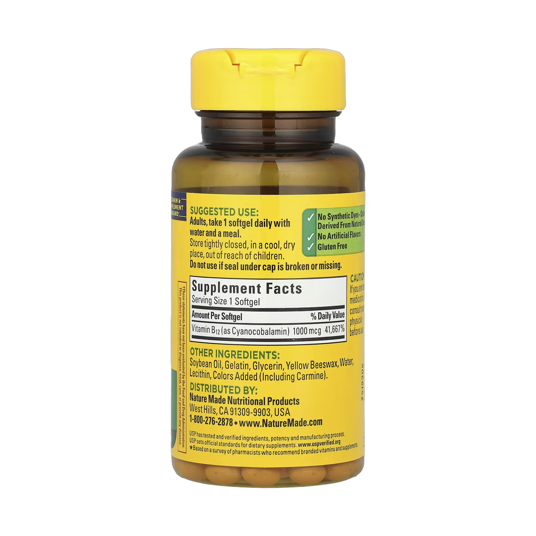 Nature Made, Vitamin B12, 1,000 mcg, 90 Softgels back packaging view