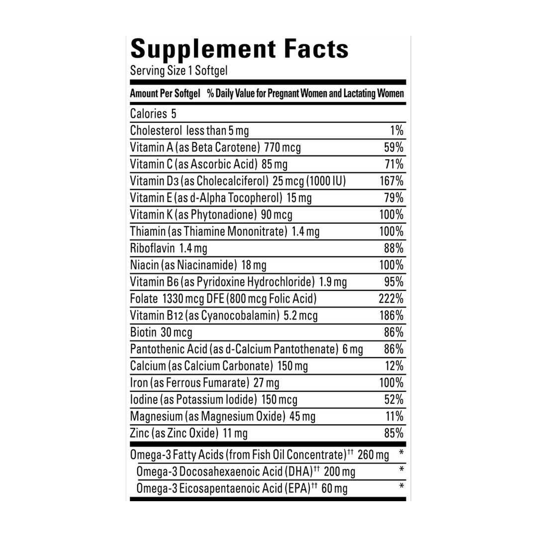 Nature Made, Prenatal Folic Acid + DHA, 90 Softgels supplement facts label showing ingredients, vitamins, minerals, and serving information