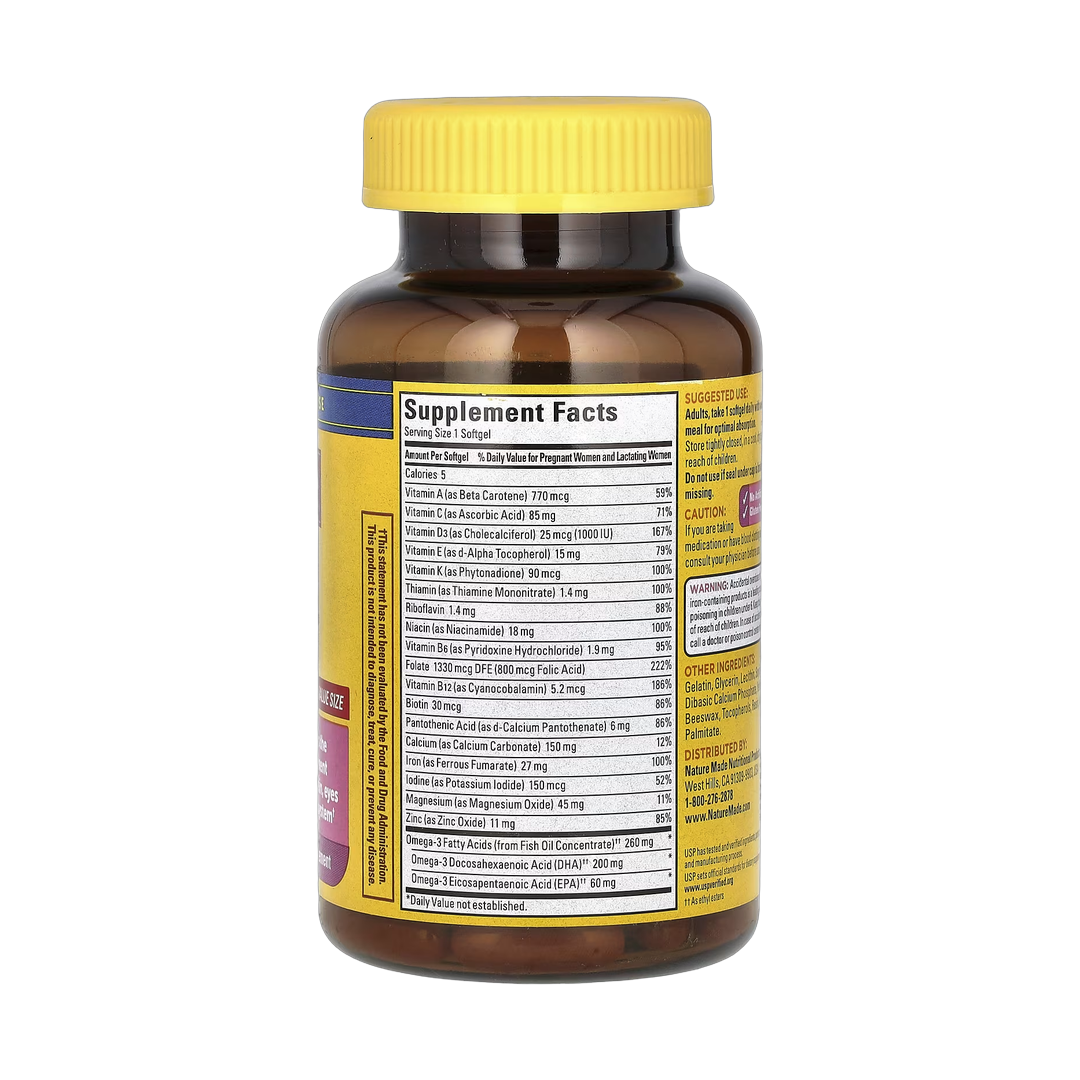 Nature Made, Prenatal Folic Acid + DHA, 90 Softgels back packaging view