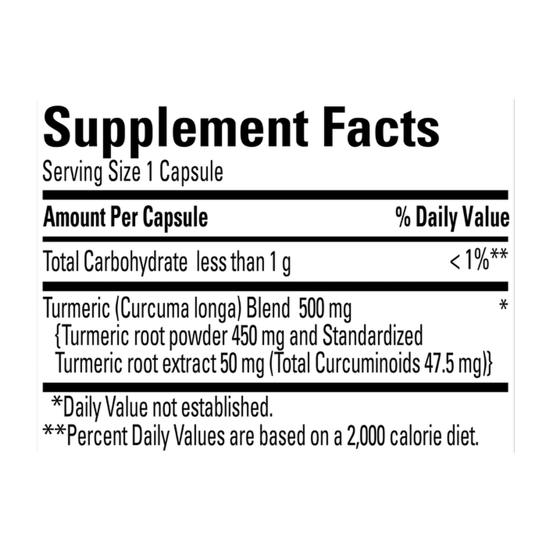 Nature Made, Turmeric Curcumin, 60 Capsules supplement facts label showing ingredients, vitamins, minerals, and serving information