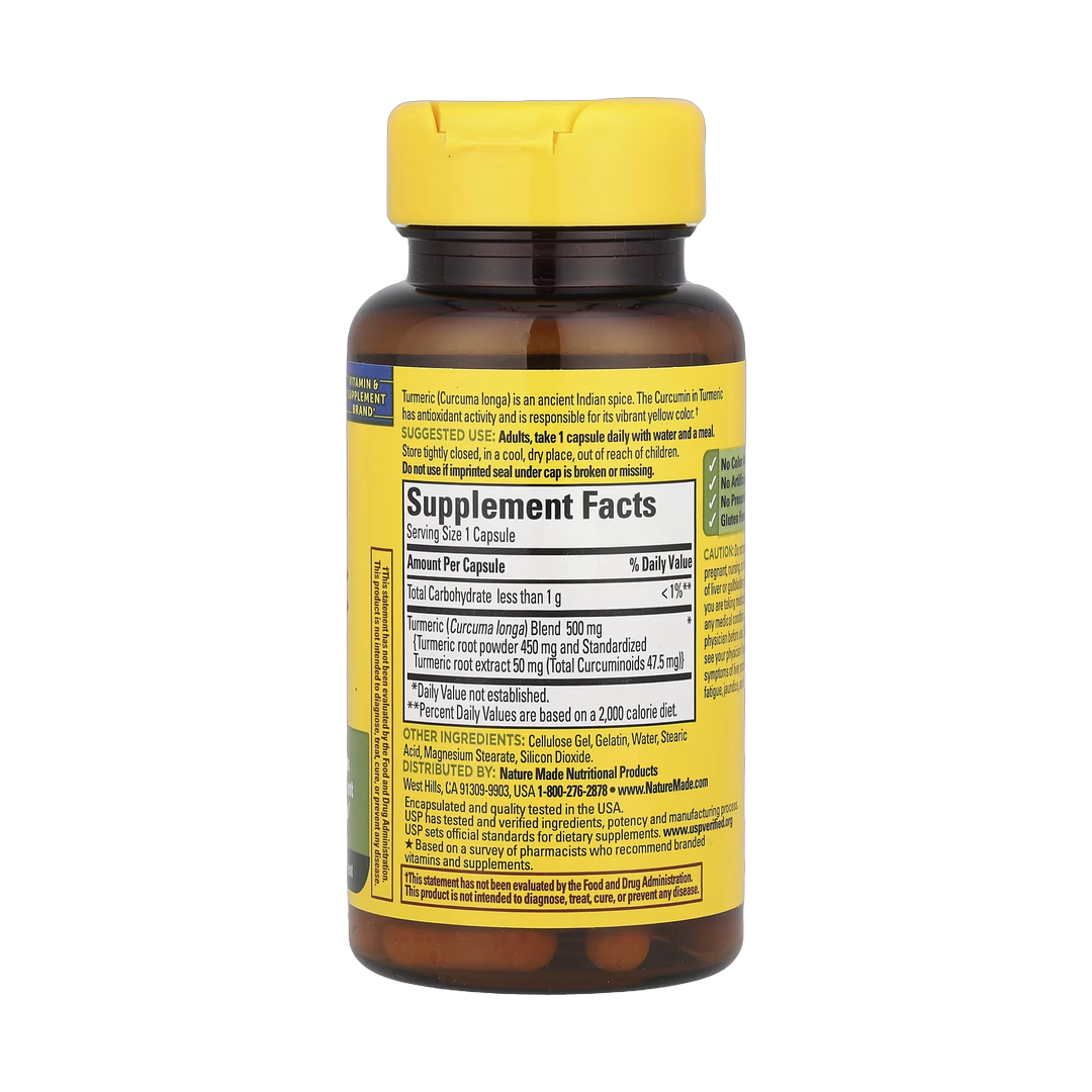 Nature Made, Turmeric Curcumin, 60 Capsules back packaging view