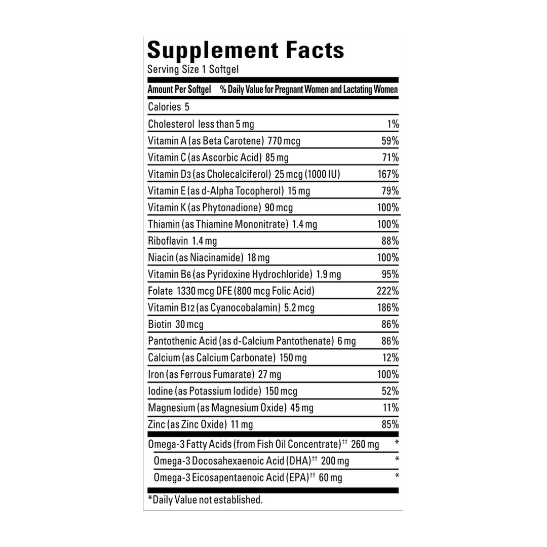 Nature Made, Prenatal Folic Acid + DHA, 60 Softgels supplement facts label showing ingredients, vitamins, minerals, and serving information