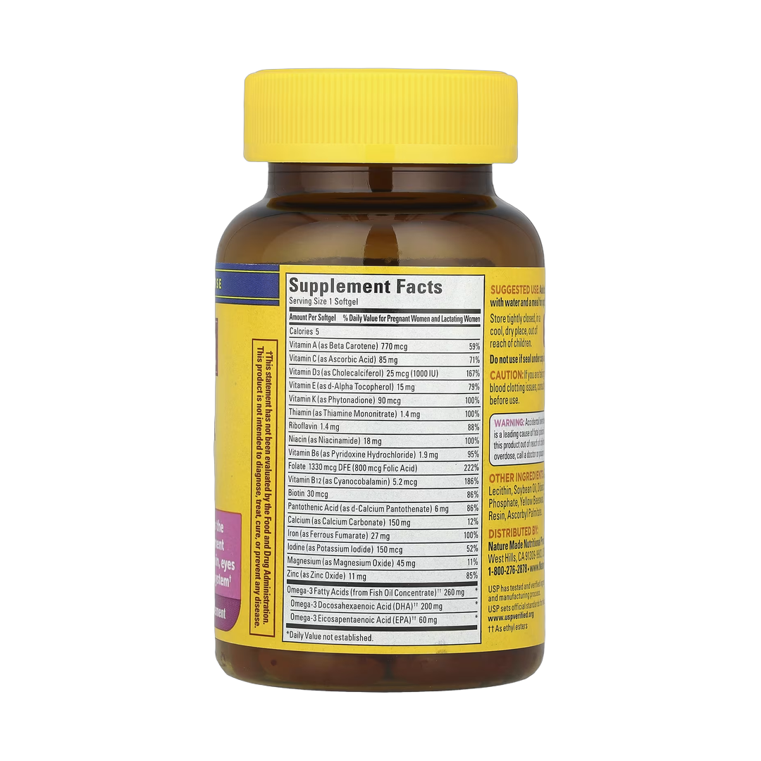 Nature Made, Prenatal Folic Acid + DHA, 60 Softgels back packaging view