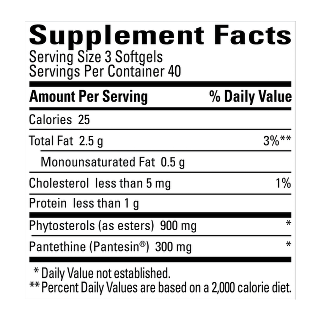 Nature Made, CholestOff Complete®, 120 Softgels supplement facts label showing ingredients, vitamins, minerals, and serving information